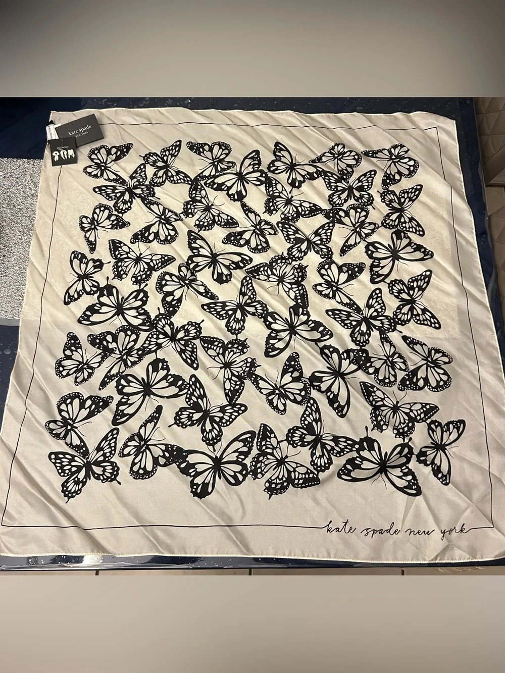 Kate Spade New York silk black and cream butterfly square scarf 100% silk